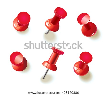 Collection of various red push pins. Thumbtacks. Top view. Vector illustration. Isolated on white background. Set. Front view. Top view. Close up.