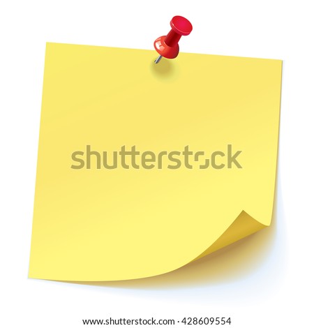 Yellow sticker pinned red pushbutton with curled corner, ready for your message. Vector illustration. Isolated on white background. Front view. Top view. Close up.
