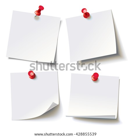 Collection of various white note papers with curled corner, pinned red pushbutton, ready for your message. Vector illustration. Isolated on white background. Front view. Top view. Close up.