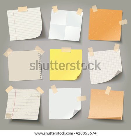 Collection of various crumpled note papers with curled corner and adhesive tape, ready for your message. Vector illustration. Isolated background. Front view. Top view. Close up.