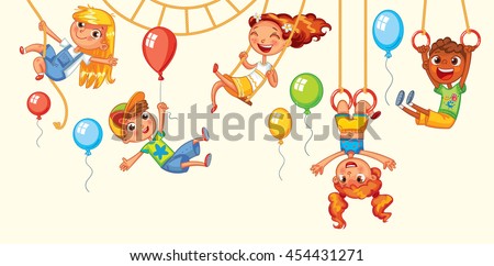 Children have fun on the rides. Amusement park. Playground. Kid weighs on the rings upside down. Climbing up along the rope. Swinging on swing. Vector illustration. Isolated on white background