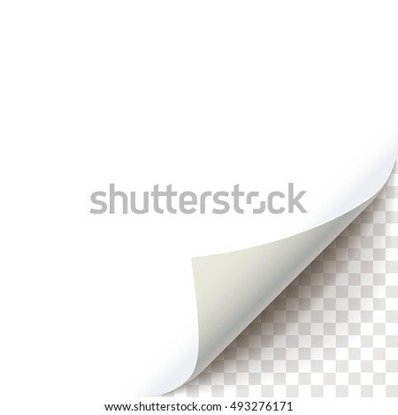 Blank sheet of paper with page curl with transparent shadow. Curly Page Corner realistic illustration. Graphic element for documents, templates, posters, flyers, advertising and promotional message