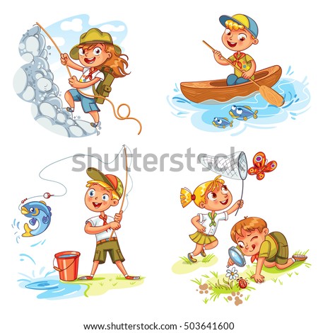 Camping, hiking equipment, fishing, kayaking, rock climbing, study of wildlife, to catch a butterfly with the help of a net. Vector illustration. Funny cartoon character. Isolated on white background