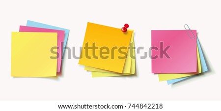 Stack of colored stickers attached red pushpin and metal paper clip. Set of color stickers isolated on white background. Vector illustration