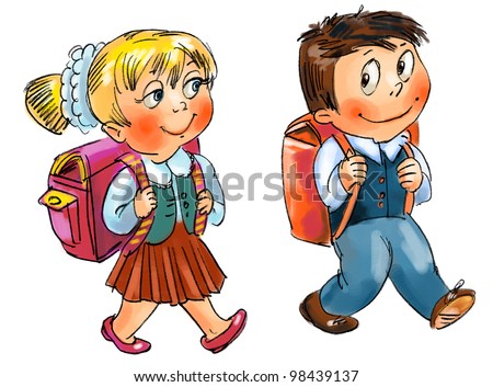 Boy And Girl Go To School. Hand-Drawn Stock Photo 98439137 : Shutterstock