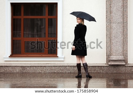 Happy woman with umbrella in the rain