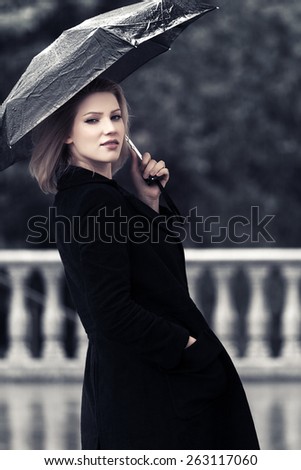 Happy fashion woman with umbrella in the rain