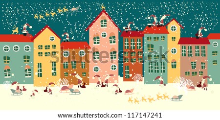 Christmas background. Santa Claus on the roof. seamless