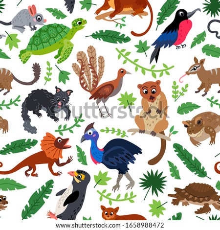 Wild Oceania animals seamless pattern in flat style isolated on white background. Oceania and Australia animals. New zealand wildlife.