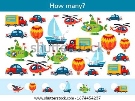 Counting children game of toy transport set. Kids learning collection. Count how many elements and write the result. Preschool worksheet activity.