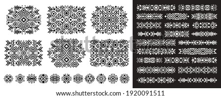 Navajo elements set in boho style on white and black. Abstract Aztec elements. National tribal pattern. Logo, symbol and background. 