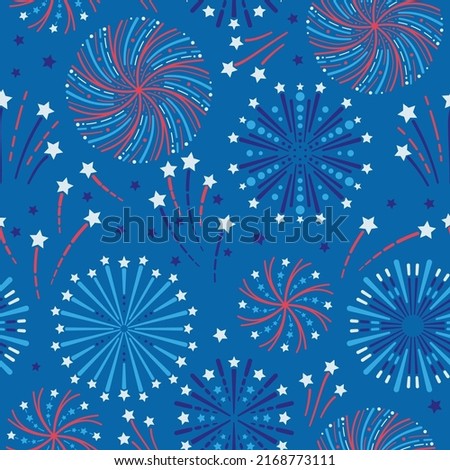 4th of July. Fireworks and Stars Seamless Pattern - Festive exploding fireworks and stars filling the night sky seamless pattern in colors of red, white, blue, and navy blue