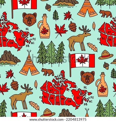 Vector seamless pattern on the theme of Canada. Pattern with colored symbols. Background for use in design, web site, packing, textile, fabric. Canada bright design.