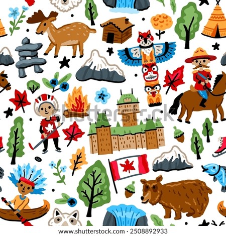 Bright cheerful children seamless vector pattern with symbols of Canada.