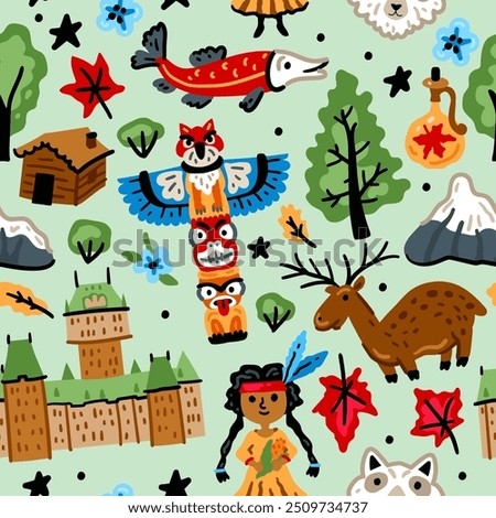 Bright cheerful children seamless vector pattern with symbols of Canada. American Indian, maple leaf, grizzly, mounted police. Alaska landmarks. Childish travel Forest background. North America