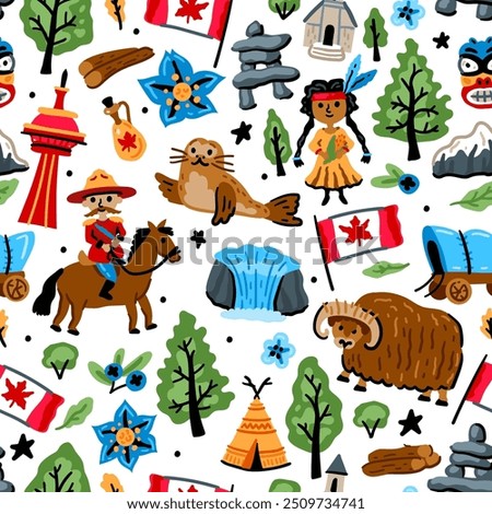 Bright cheerful children seamless vector pattern with symbols of Canada. American Indian, maple leaf, Niagara waterfall, mounted police. Alaska landmarks. Childish travel background. North America