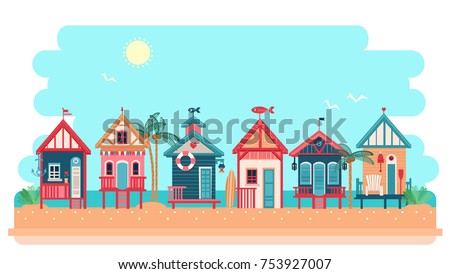 Beach bungalow hotel. Summer huts landscape. Vector