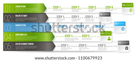 Timeline Infographic Vector Template with Green, Black and Blue Arrows Pointed to Multiple Ways for Different Steps and Goals