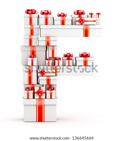 Letter F boxes of gifts decorated with red ribbons