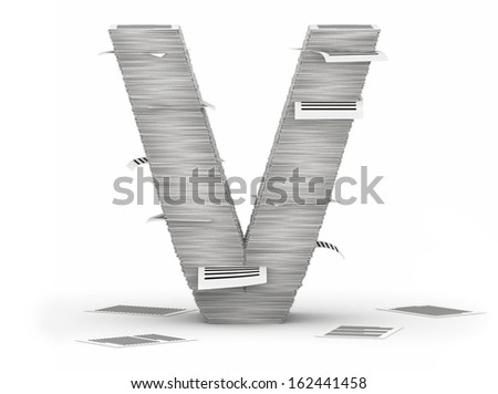 Letter V, from stacks of paper pages font