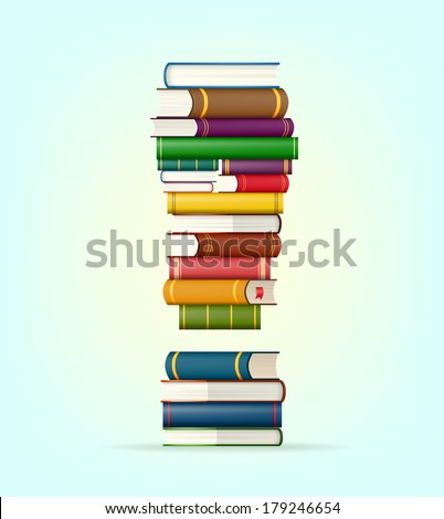 Exclamation mark. Stacks of multi colored books vector illustration