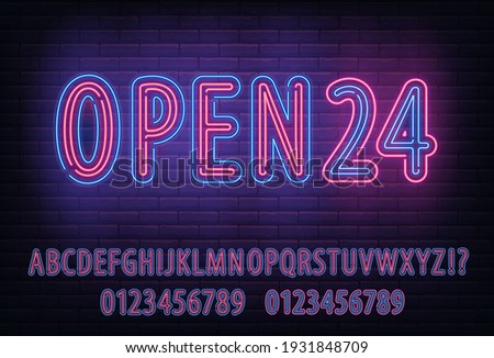 Neon Lighted Typeset, alphabet full abc font set with neon blue and red style letter. Open 24 sign