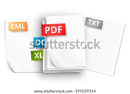 Big stack of white paper sheets and scattered pages with file extension icons