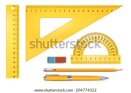 Yellow plastic ruler instruments and school equipment. Vector illustration.