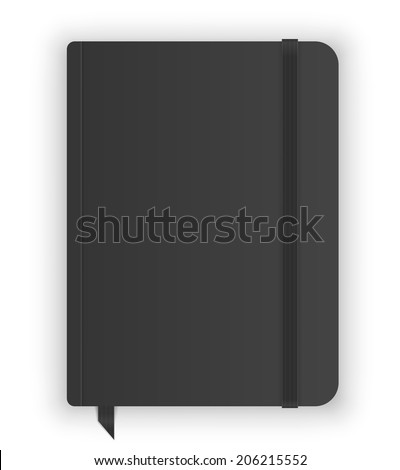 Black copybook moleskin cover with elastic band and bookmark. Vector illustration