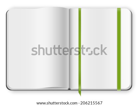 Top view multipaged blank opened copybook moleskine template with bookmark. Vector illustration.