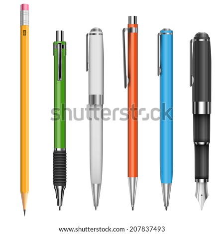 Big set of colored engineering and office pens and pencils, vector illustration