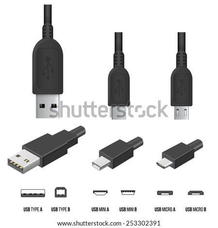 Vector USB Cable Plugs Isolated on White Background