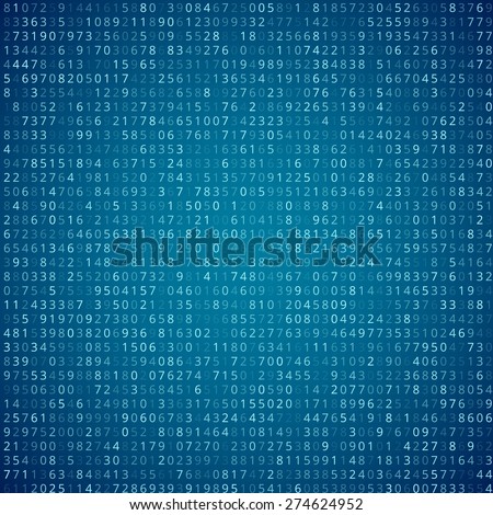 Random numbers code screen listing table cypher,  blue, vector background
