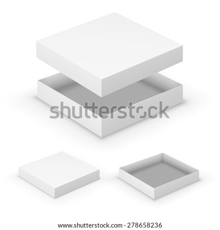Open flat boxes design collection. White object on white background, vector illustration