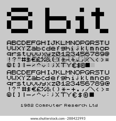 8 bit old computer terminal typeset. Vector set of alphabet, numbers and symbols