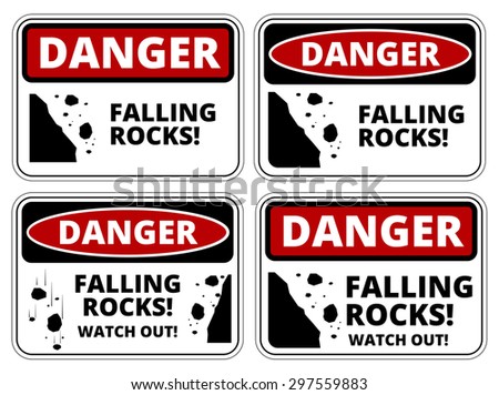 Set of Danger Falling Rocks signs, four designs, a4 proportions, vector illustration