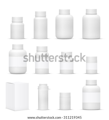 Vector Blank Big Set of Plastic Packaging Bottles with Cap for Cosmetics, Vitamins, Pills or Capsules