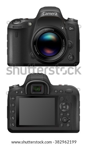 Vector illustration of digital SLR  Camera System with prime lens mounted. Front and back sides