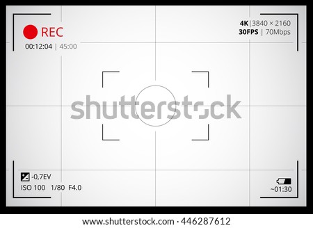 Photo or video camera viewfinder grid with many shooting settings on screen like AF dot, exposure and camera options. Recording led blinked. Realistic corner fall off. Vector background
