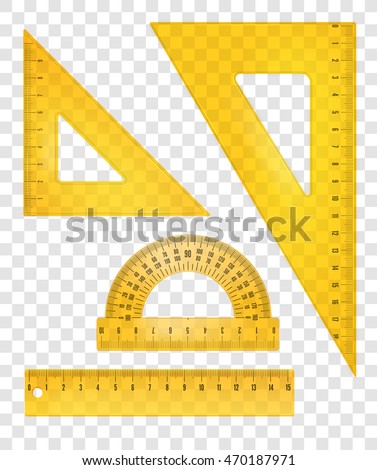 Yellow rulers and triangles set. Vector transparent objects