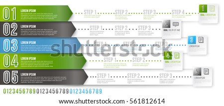 Timeline Infographic Vector Template with Green, Black and Blue Arrows Pointed to Multiple Ways for Different Steps and Goals