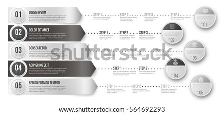 Timeline infographic vector template with black and white arrows pointed to multiple ways for different steps and goals