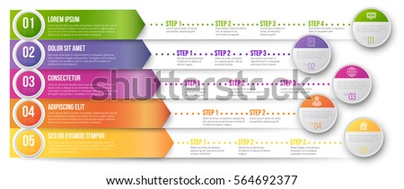 Timeline Infographic Vector Template with Bright Colored Arrows Pointed to Multiple Ways for Different Steps and Goals