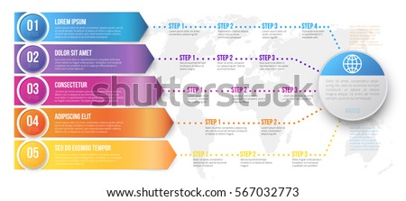 Different ways with several steps for one target infographics chart vector template with colored options arrow lead to goals