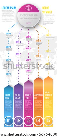 Different ways with several steps for one target infographics chart vector vertical template with colored options arrow lead to goals