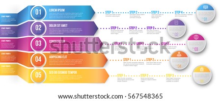 3D Arrows pointed to different ways with several steps for your goals - colored vector graph template on white background