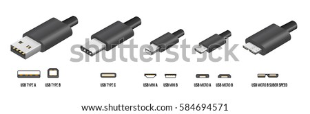 Most of standart USB type A, B and type C plugs, mini, micro, universal computer cable connectors, vector illustration
