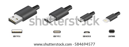 USB type A, and type C plugs, micro USB and lightning, universal computer cable connectors, vector illustration