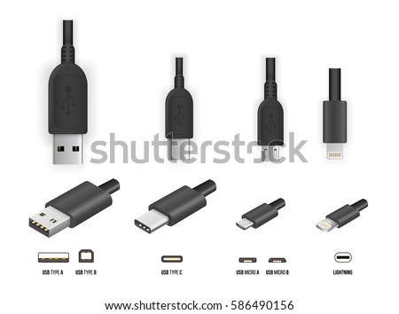 Top and perspective 3D view USB type A, B and type C plugs, micro, lightning, universal computer cable connectors, vector illustration