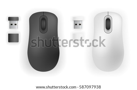 Wireless mouse and USB thumb size transceiver devices. Vector illustration top view